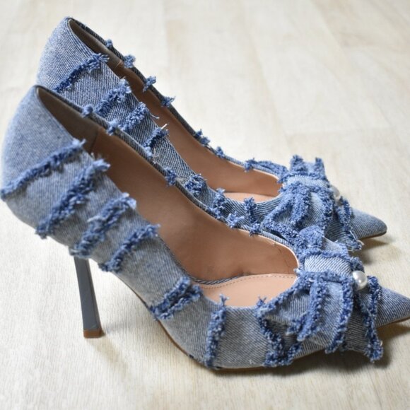 Steve Madden Barbi Blue Denim Frayed Bow Stiletto Heels Coquette - Picture 3 of 8